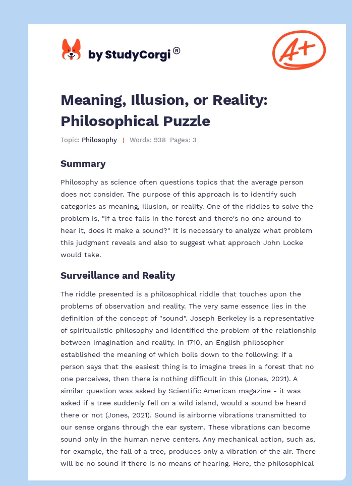 Meaning, Illusion, or Reality: Philosophical Puzzle. Page 1