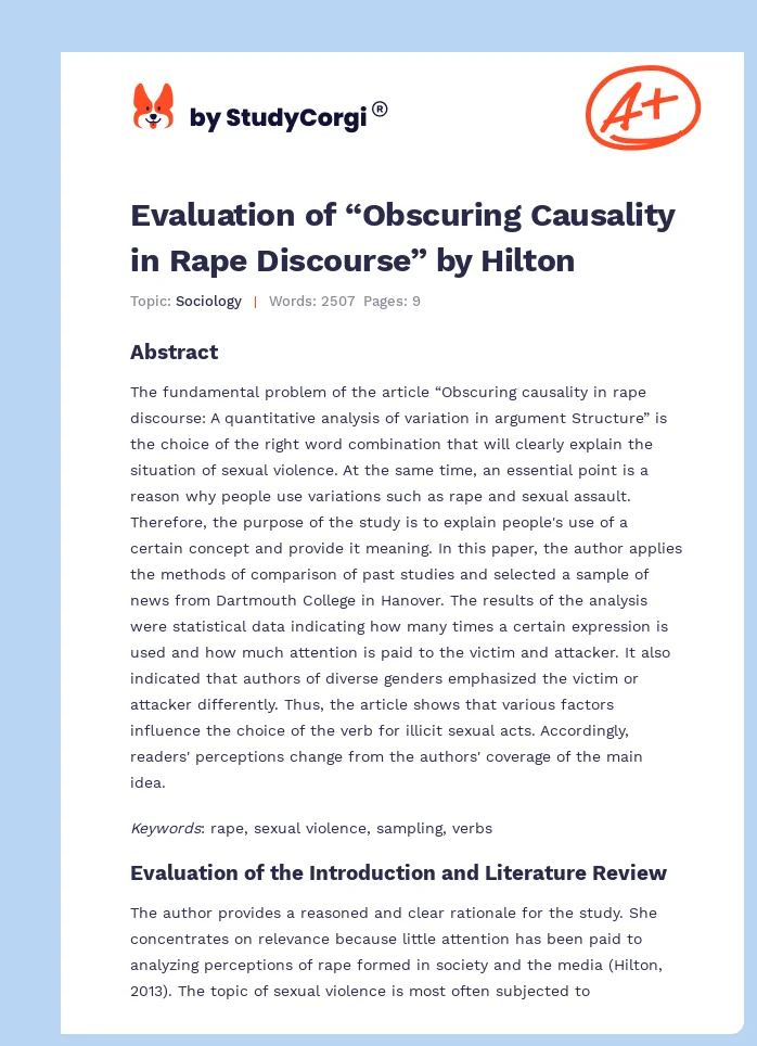 Evaluation of “Obscuring Causality in Rape Discourse” by Hilton. Page 1