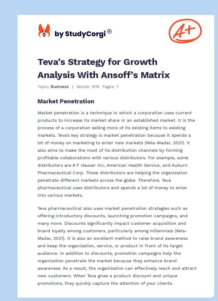 Teva’s Strategy for Growth Analysis With Ansoff’s Matrix. Page 1