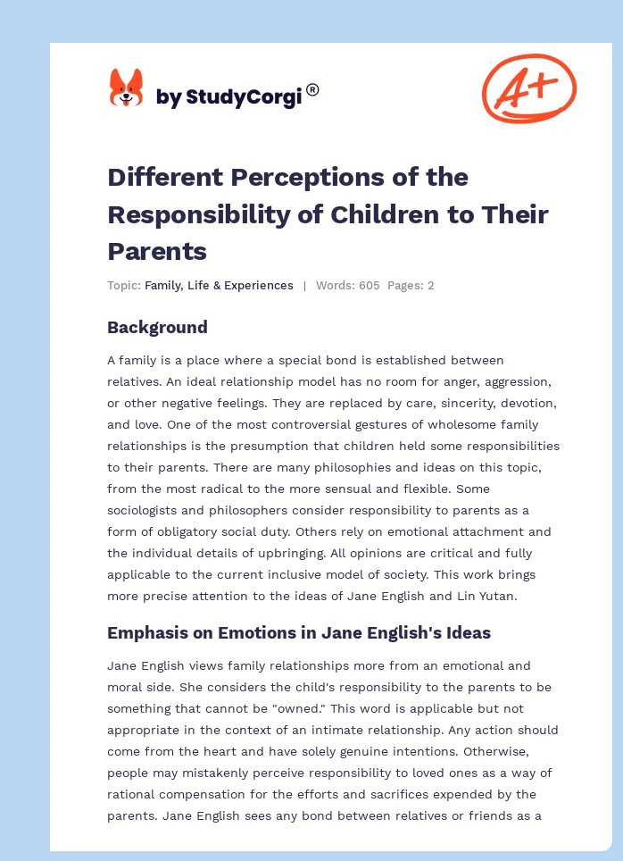 Different Perceptions of the Responsibility of Children to Their Parents. Page 1