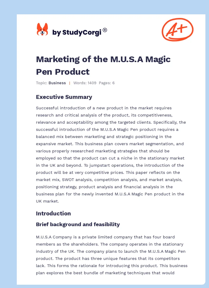 Marketing of the M.U.S.A Magic Pen Product. Page 1