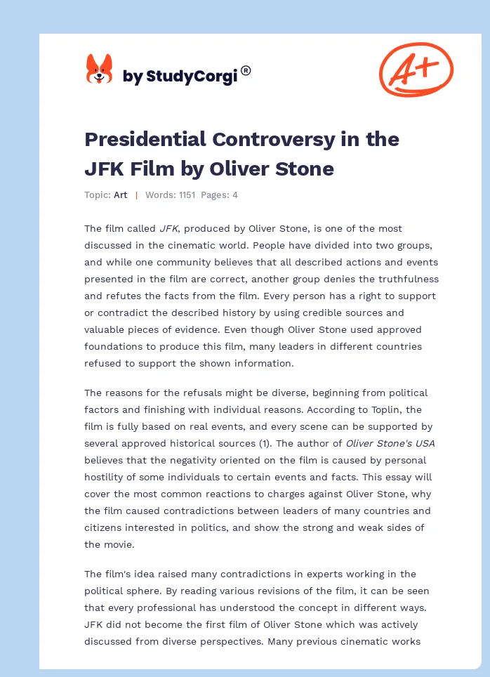 Presidential Controversy in the JFK Film by Oliver Stone. Page 1