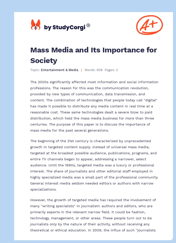 Mass Media and Its Importance for Society. Page 1