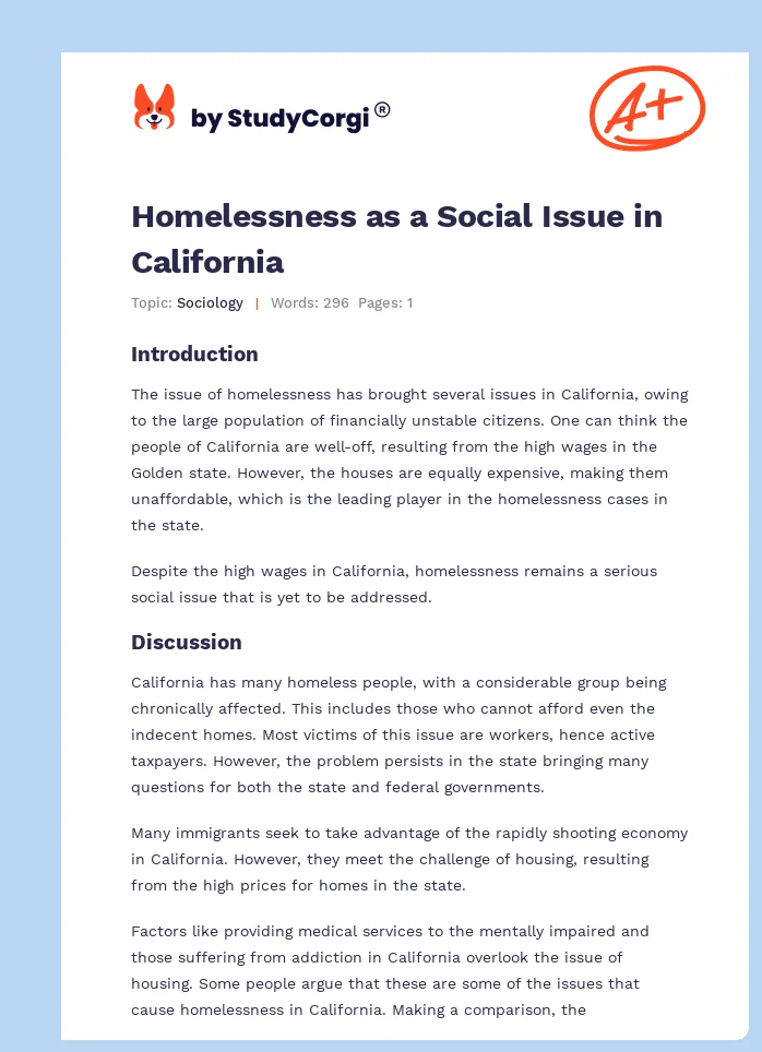 Homelessness as a Social Issue in California. Page 1