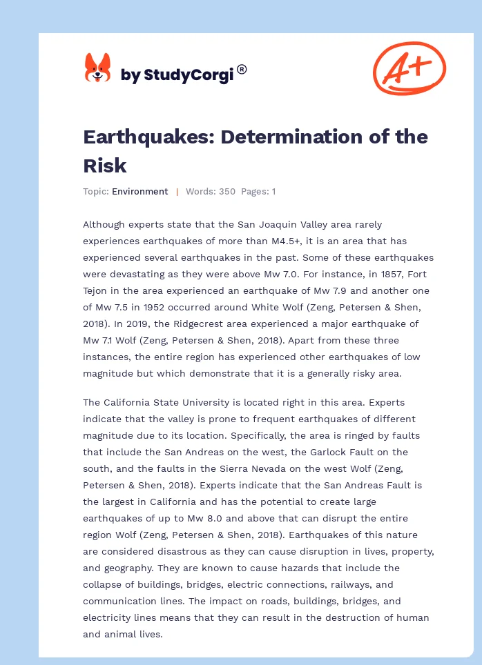 Earthquakes: Determination of the Risk. Page 1