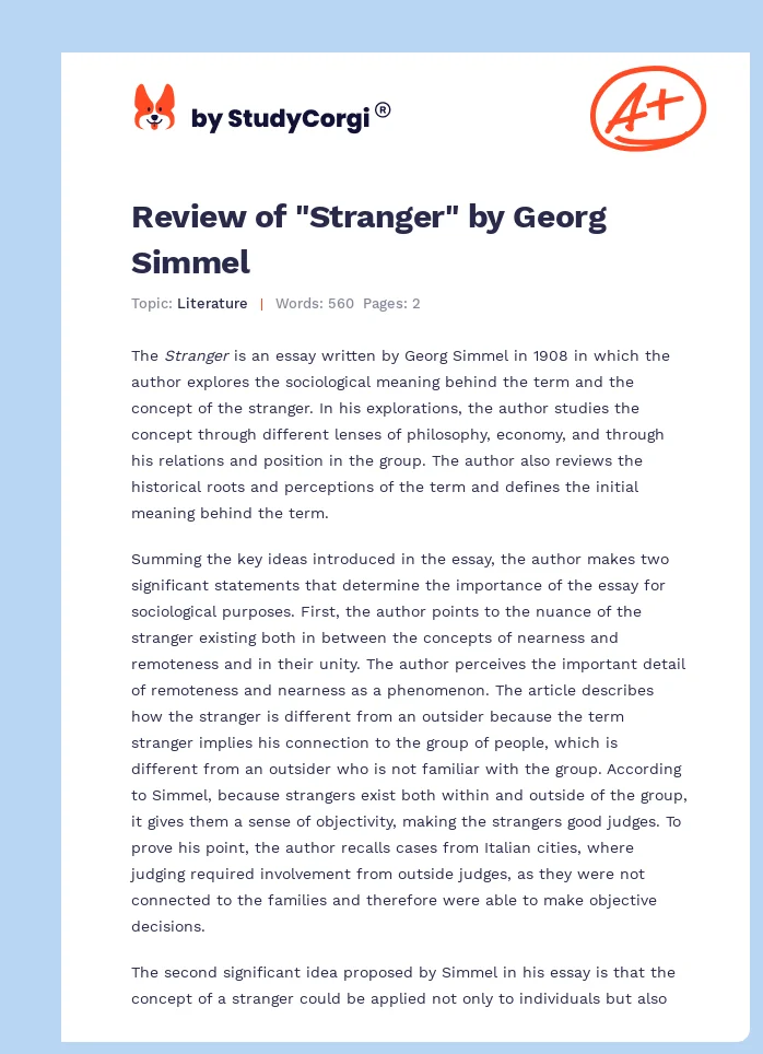 Review of "Stranger" by Georg Simmel. Page 1