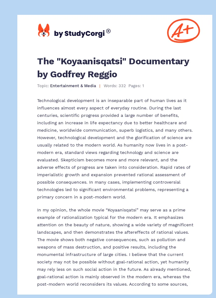 The "Koyaanisqatsi" Documentary by Godfrey Reggio. Page 1