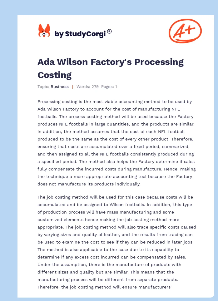 Ada Wilson Factory's Processing Costing. Page 1