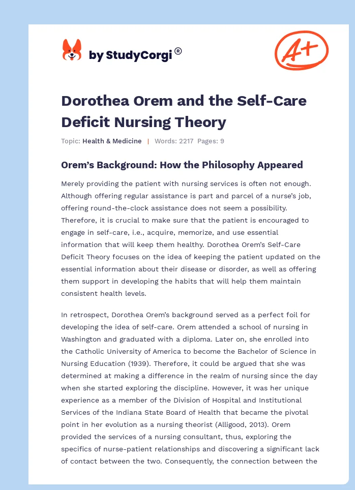 Dorothea Orem and the Self-Care Deficit Nursing Theory. Page 1