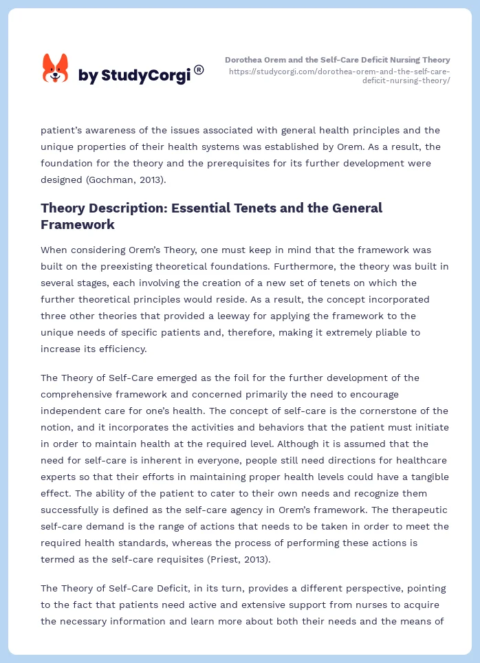 Dorothea Orem And The Self Care Deficit Nursing Theory Free Essay Example
