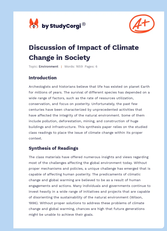 Discussion of Impact of Climate Change in Society. Page 1
