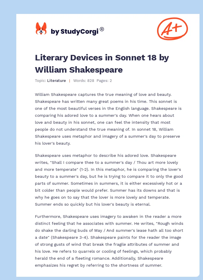 Literary Devices in Sonnet 18 by William Shakespeare. Page 1