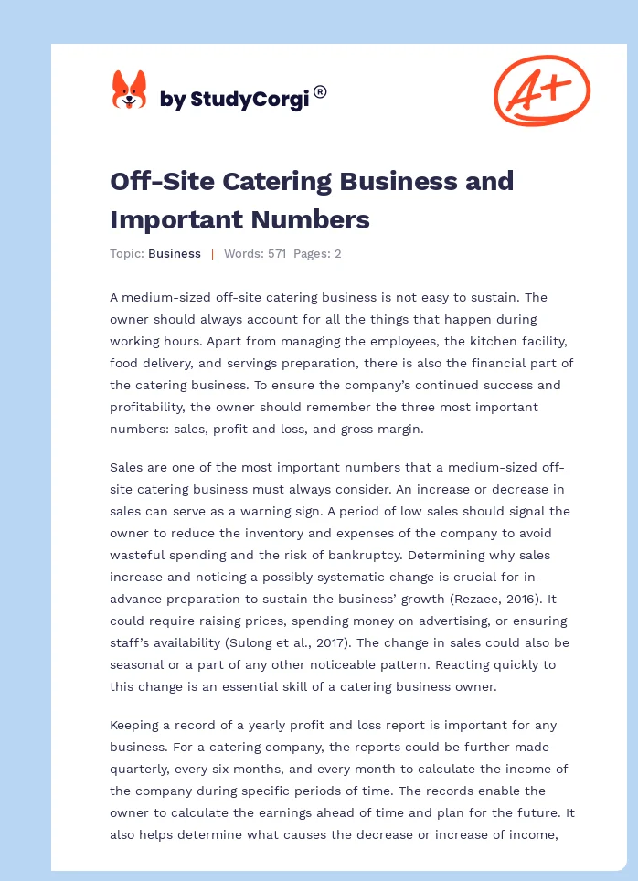 Off-Site Catering Business and Important Numbers. Page 1