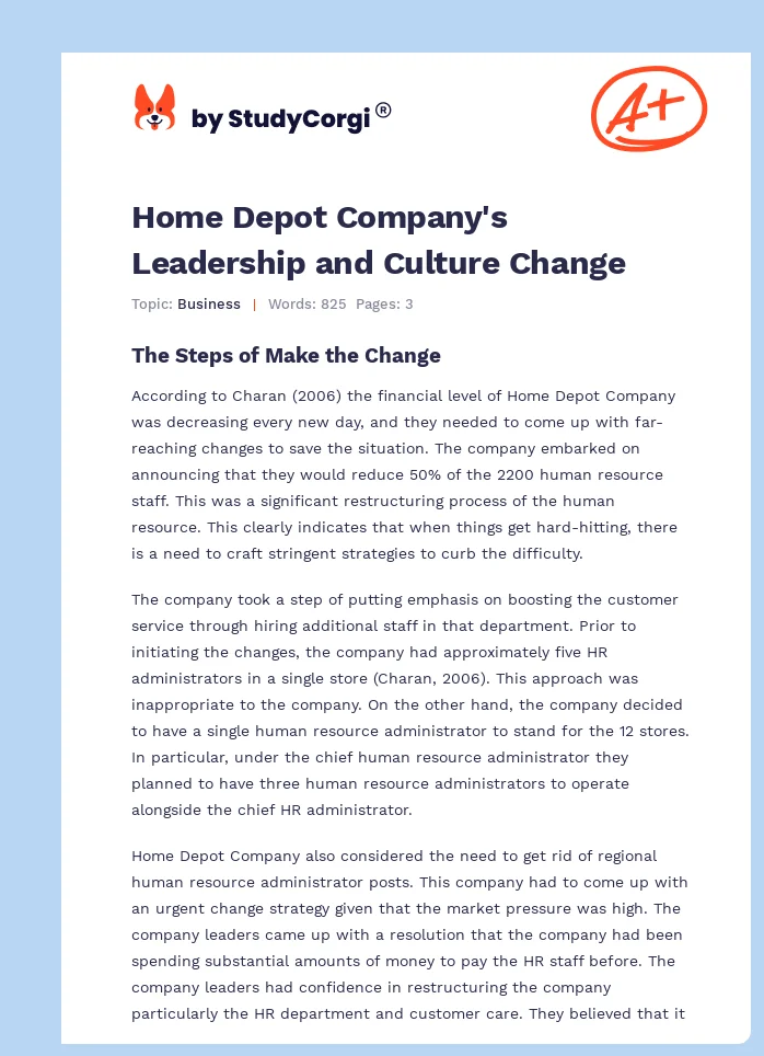Home Depot Company's Leadership and Culture Change. Page 1