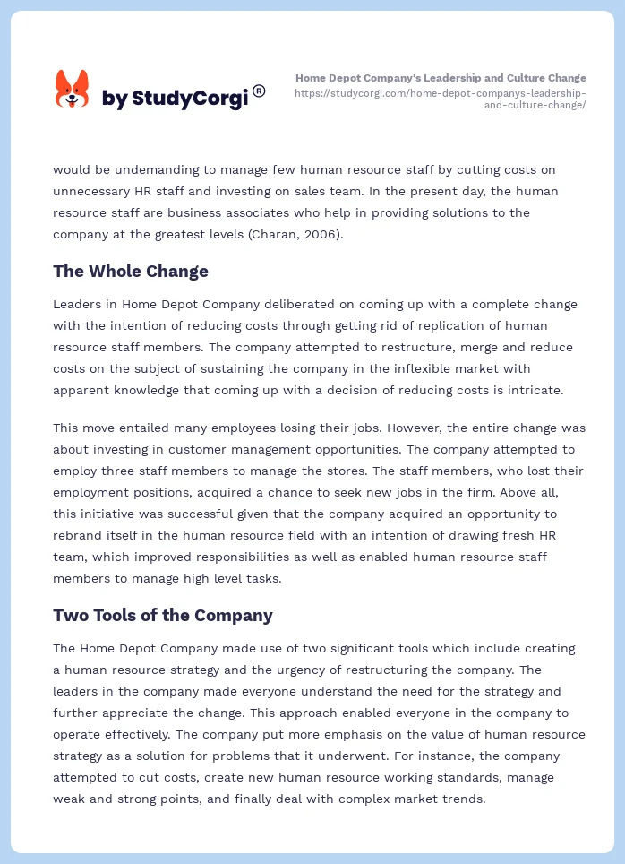 Home Depot Company's Leadership and Culture Change. Page 2