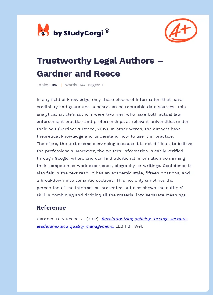 Trustworthy Legal Authors – Gardner and Reece. Page 1