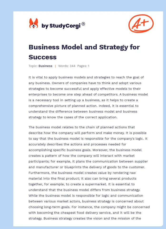 Business Model and Strategy for Success. Page 1