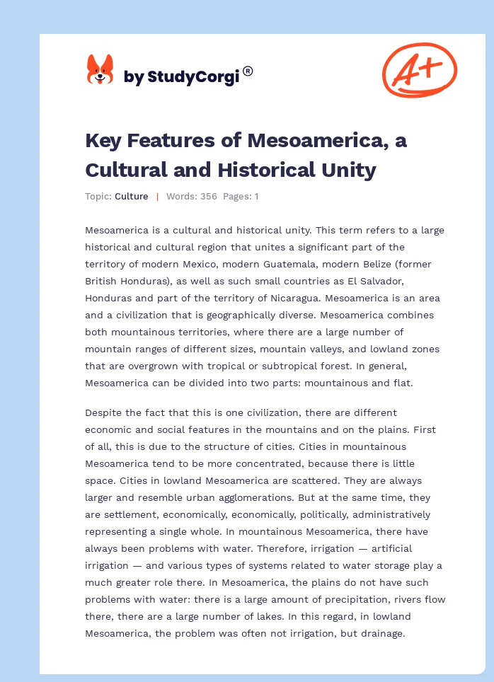Key Features of Mesoamerica, a Cultural and Historical Unity. Page 1