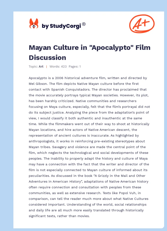 Mayan Culture in "Apocalypto" Film Discussion. Page 1
