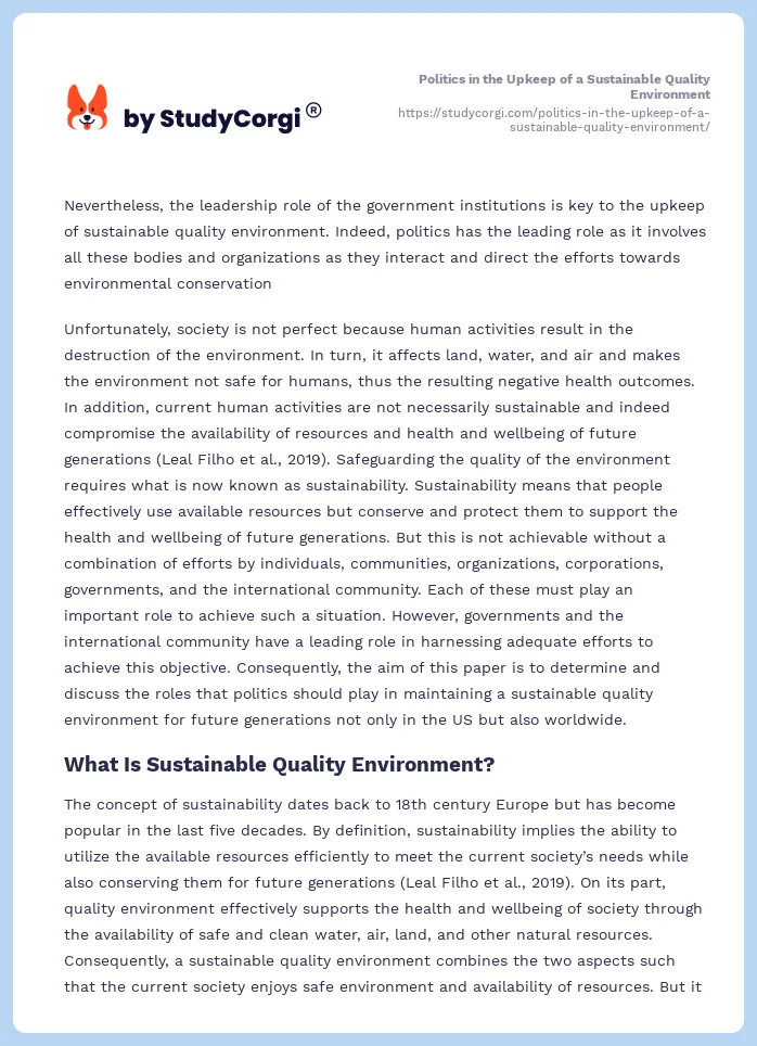 Politics in the Upkeep of a Sustainable Quality Environment. Page 2