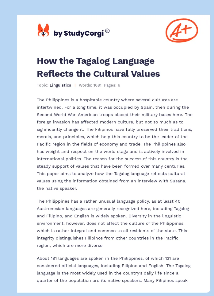 How the Tagalog Language Reflects the Cultural Values. Page 1