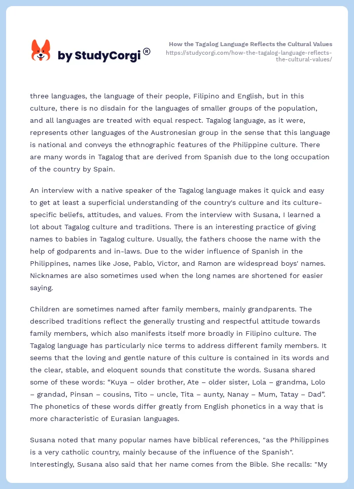 How the Tagalog Language Reflects the Cultural Values. Page 2