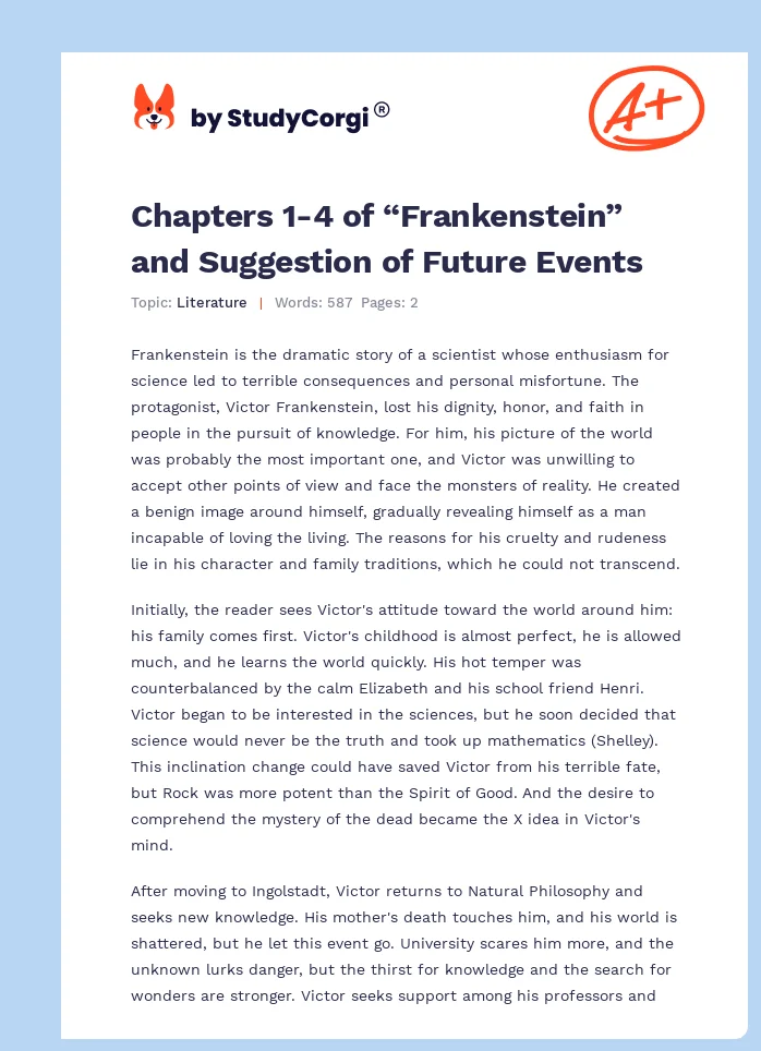 Chapters 1-4 of “Frankenstein” and Suggestion of Future Events. Page 1
