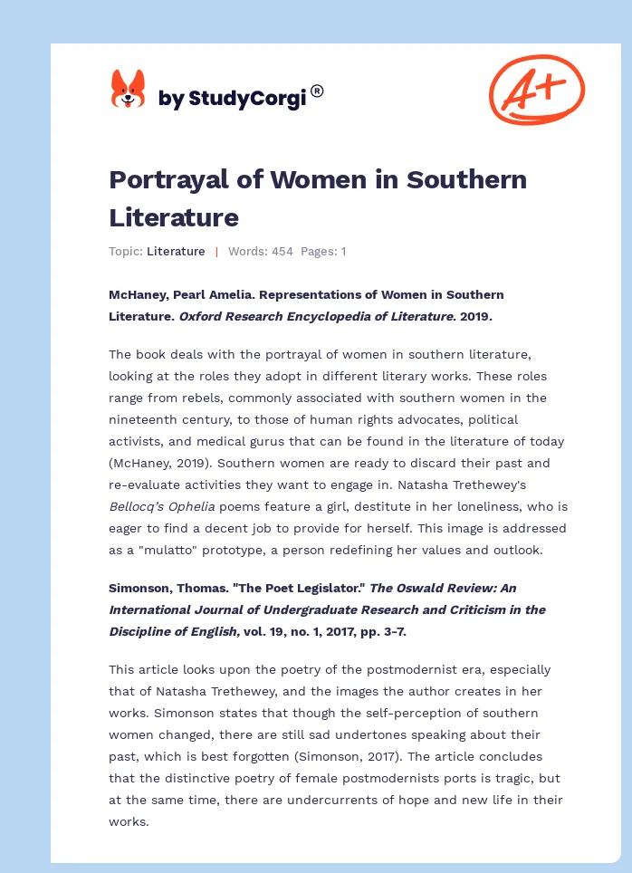 Portrayal of Women in Southern Literature. Page 1