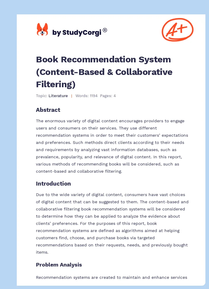 Book Recommendation System (Content-Based & Collaborative Filtering). Page 1
