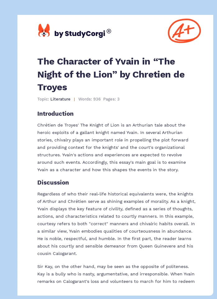 The Character of Yvain in “The Night of the Lion” by Chretien de Troyes. Page 1
