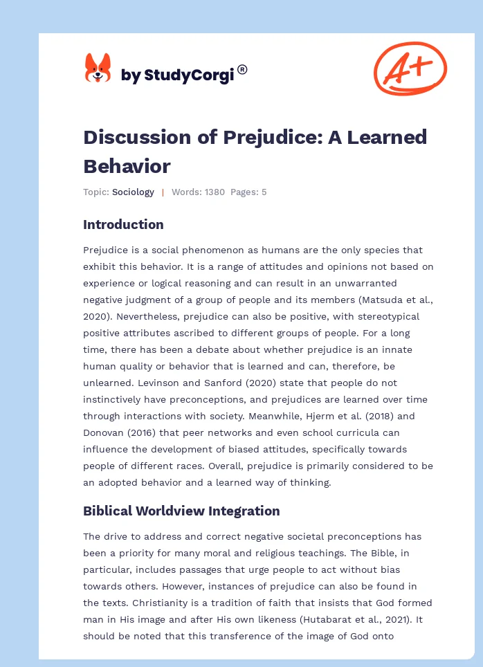 Discussion of Prejudice: A Learned Behavior. Page 1