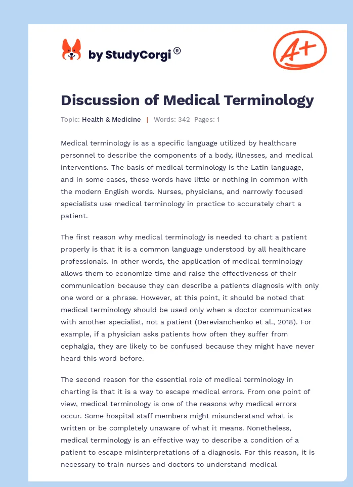 Discussion of Medical Terminology. Page 1