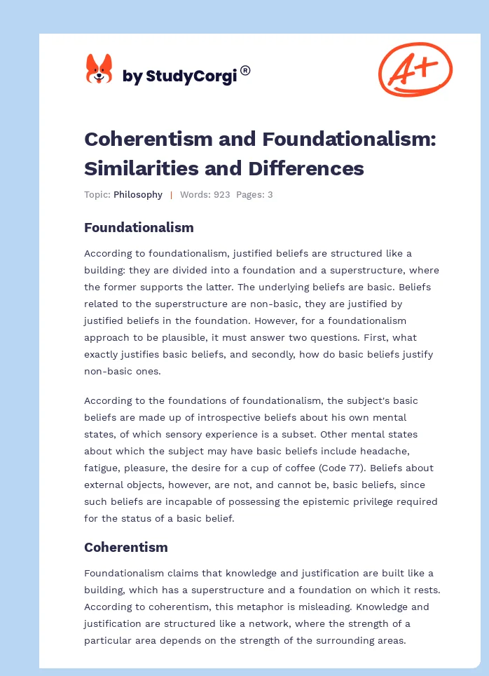 Coherentism and Foundationalism: Similarities and Differences. Page 1