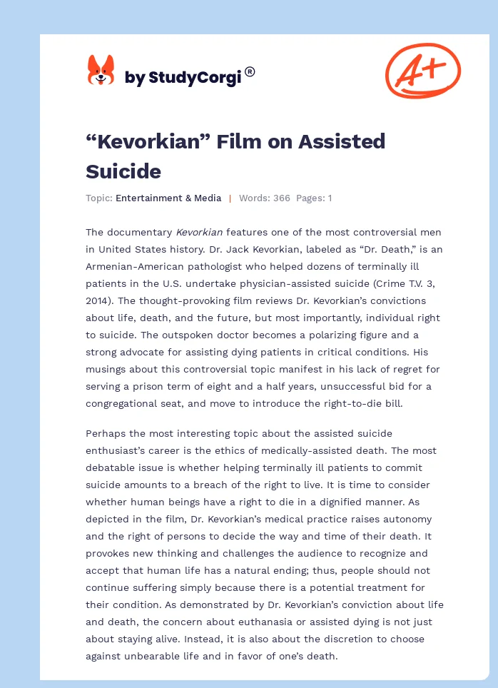 “Kevorkian” Film on Assisted Suicide. Page 1