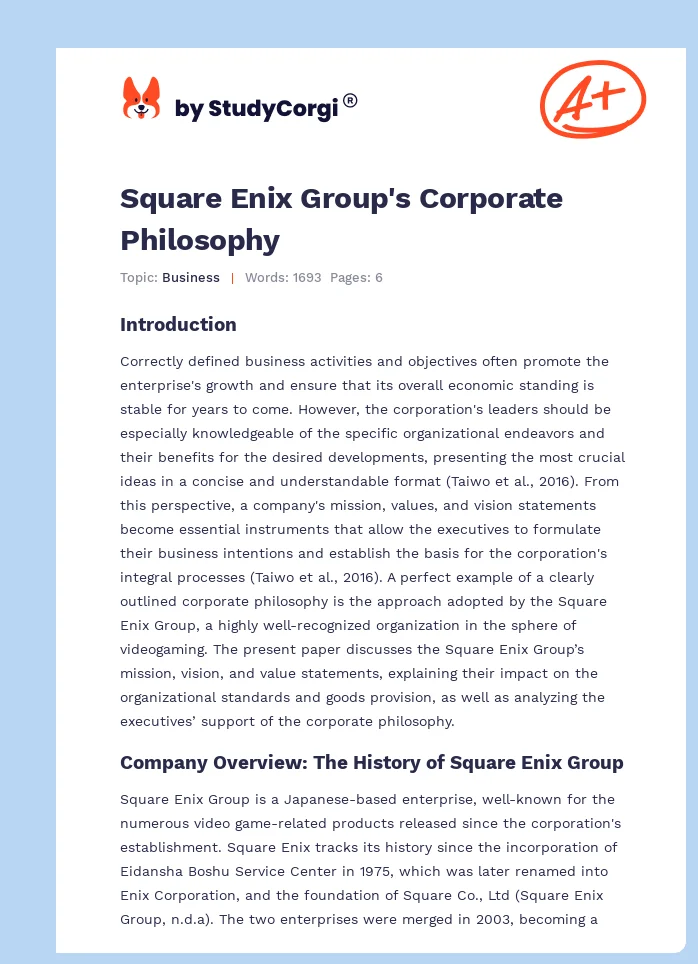 Square Enix Group's Corporate Philosophy. Page 1