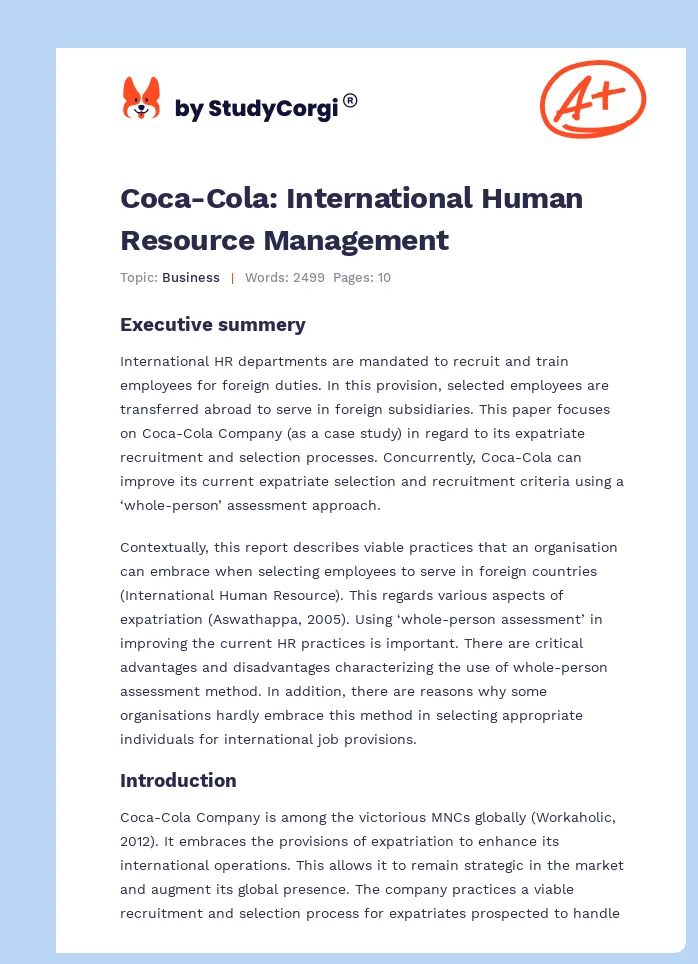 Coca-Cola: International Human Resource Management. Page 1