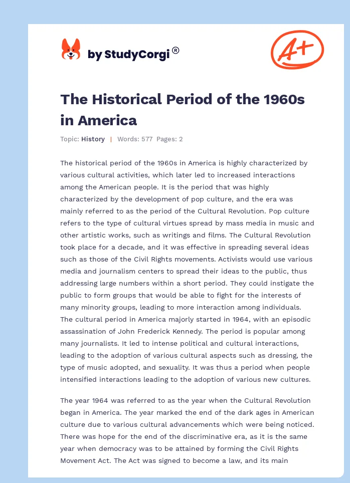 The Historical Period of the 1960s in America. Page 1