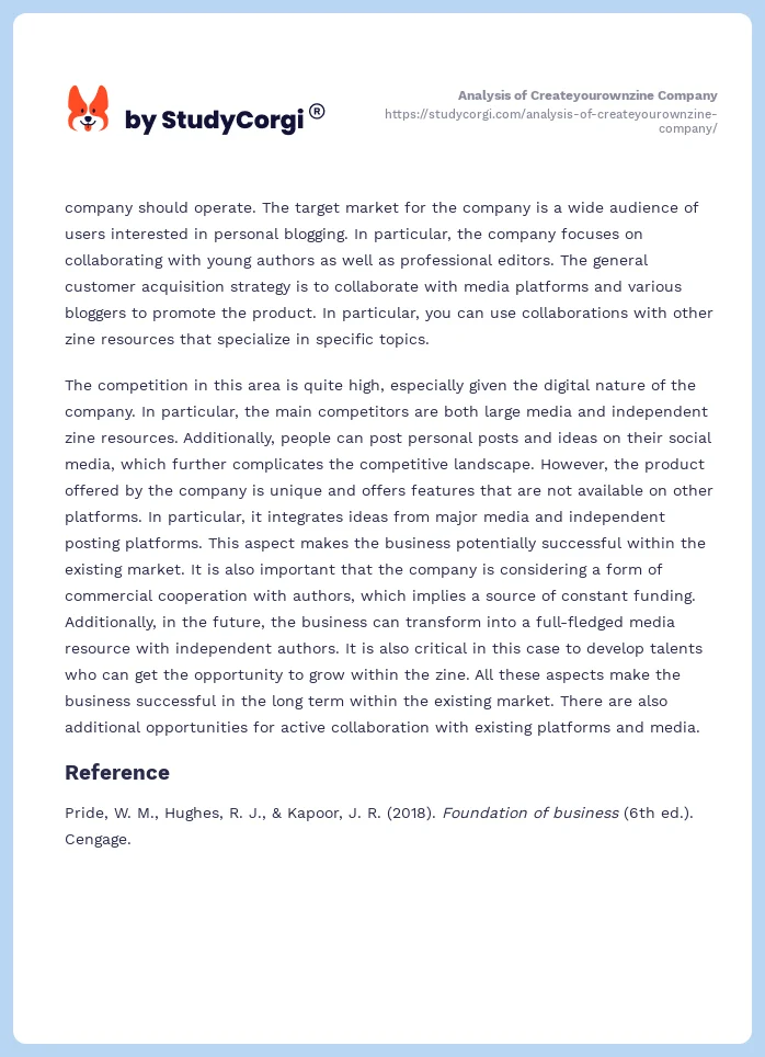 Analysis of Createyourownzine Company. Page 2