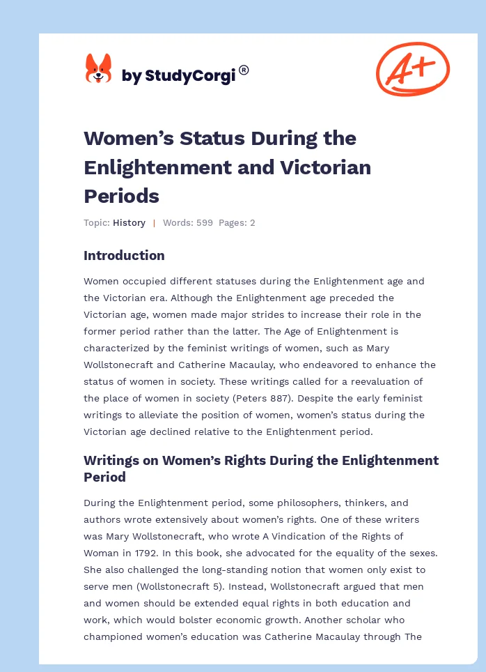 Women’s Status During the Enlightenment and Victorian Periods. Page 1