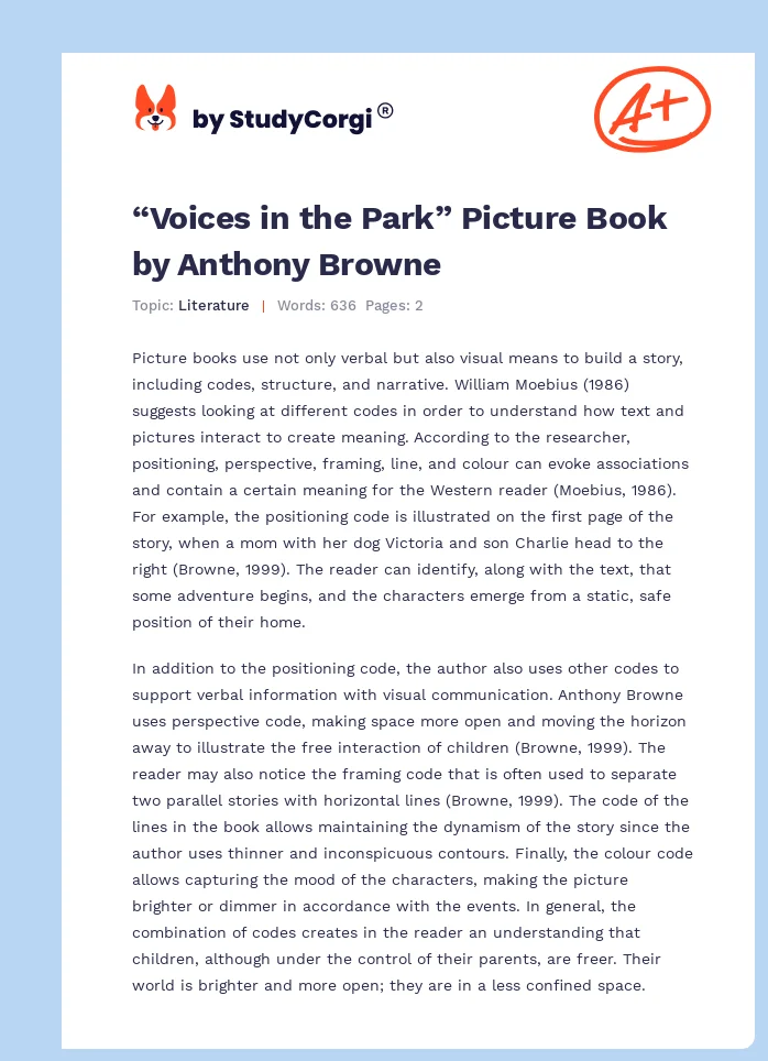 “Voices in the Park” Picture Book by Anthony Browne. Page 1