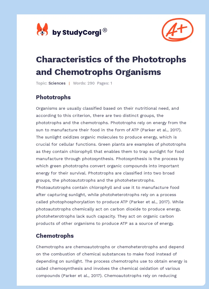 Characteristics of the Phototrophs and Chemotrophs Organisms. Page 1