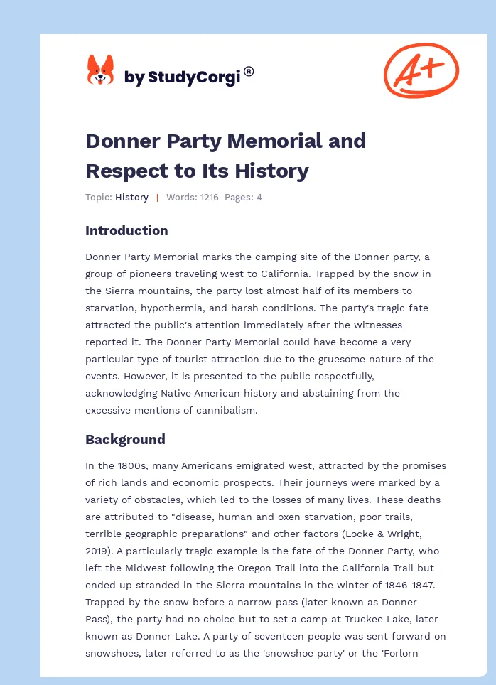 Donner Party Memorial and Respect to Its History. Page 1