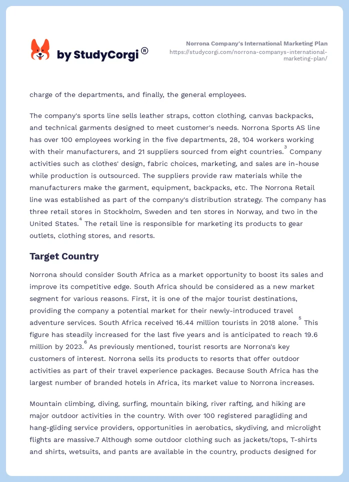 Norrona Company's International Marketing Plan. Page 2