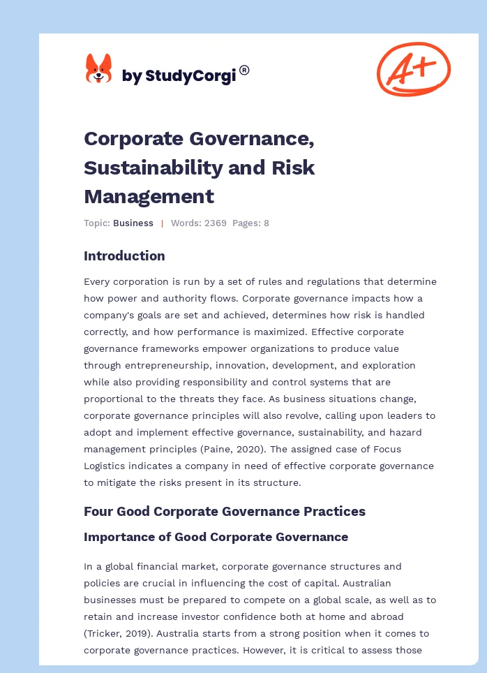 Corporate Governance, Sustainability and Risk Management. Page 1