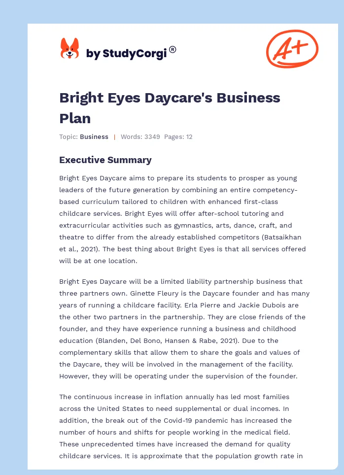 Bright Eyes Daycare's Business Plan. Page 1