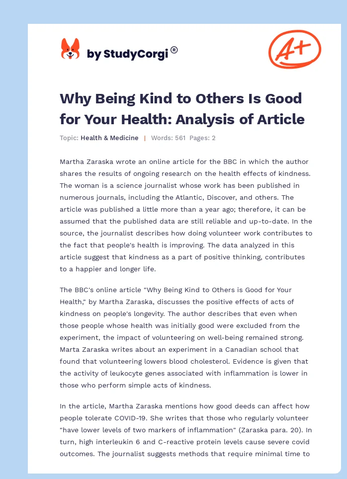 Why Being Kind to Others Is Good for Your Health: Analysis of Article. Page 1
