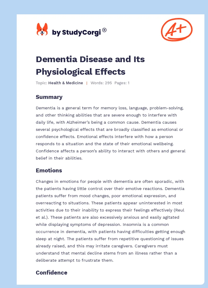 Dementia Disease and Its Physiological Effects. Page 1