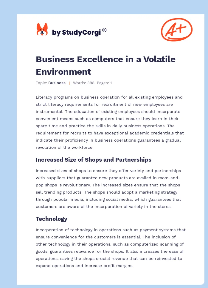 Business Excellence in a Volatile Environment. Page 1