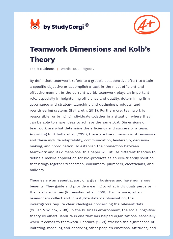 Teamwork Dimensions and Kolb’s Theory. Page 1