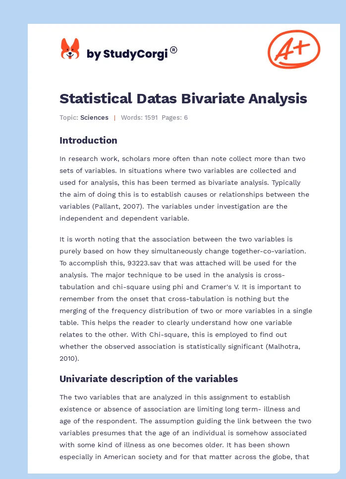 Statistical Datas Bivariate Analysis. Page 1